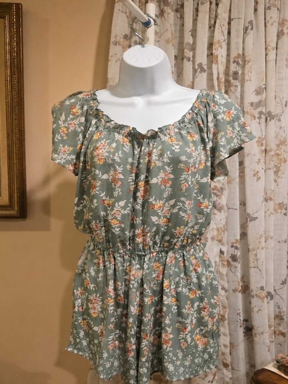 Floral Sage Short-Sleeve Smocked Waist Dress